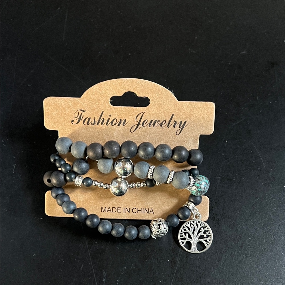Fashion Jewelry Charcoal Beaded Bracelet Set with Tree Charm